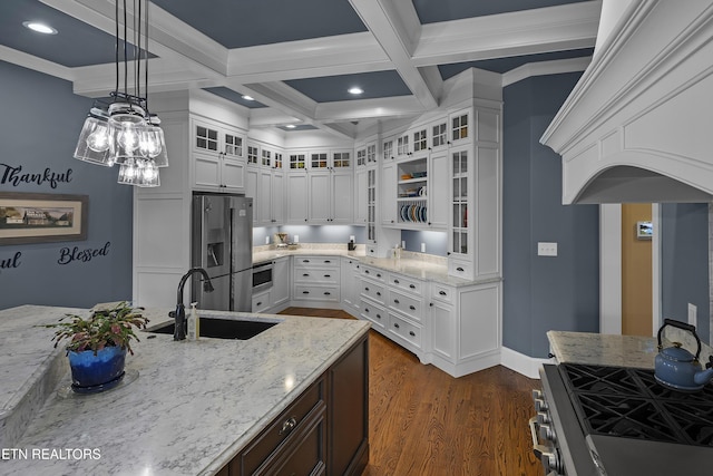 12706 Highwick Cir, Knoxville, TN 37934 - kitchen with stainless steel refrigerator with ice dispenser, coffered ceiling, white cabinetry, light stone countertops, and beam ceiling