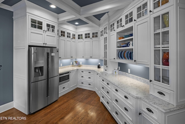 12706 Highwick Cir, Knoxville, TN 37934 - kitchen featuring stainless steel appliances, coffered ceiling, white cabinets, dark wood-style flooring, and beam ceiling