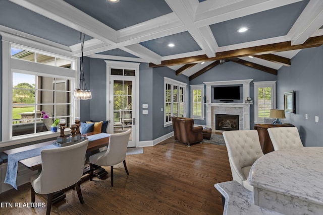 12706 Highwick Cir, Knoxville, TN 37934 - dining area featuring dark wood-style floors, a fireplace, recessed lighting, coffered ceiling, and a chandelier