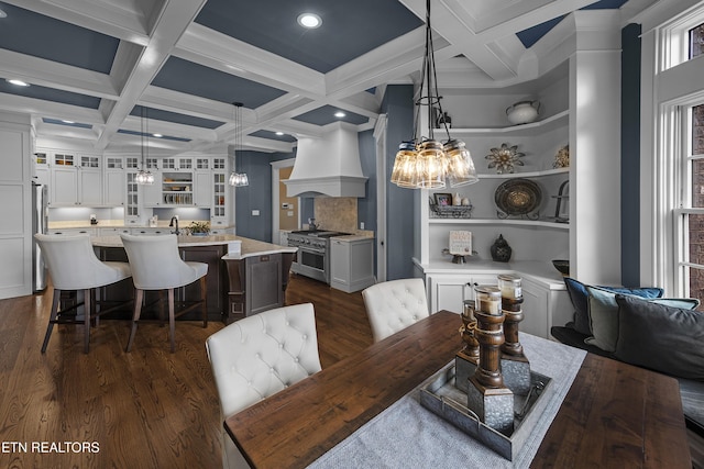 12706 Highwick Cir, Knoxville, TN 37934 - dining space featuring dark wood-style floors, coffered ceiling, beam ceiling, a chandelier, and recessed lighting