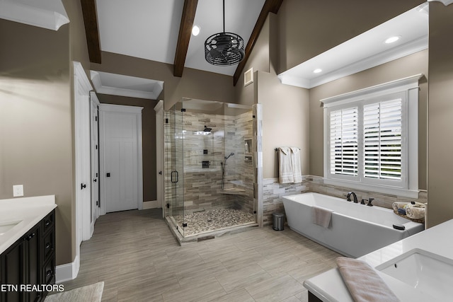 12706 Highwick Cir, Knoxville, TN 37934 - full bath with vanity, a freestanding bath, a shower stall, recessed lighting, and beamed ceiling