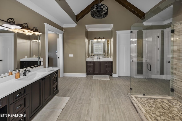 12706 Highwick Cir, Knoxville, TN 37934 - full bathroom featuring a stall shower, two vanities, beam ceiling, and high vaulted ceiling