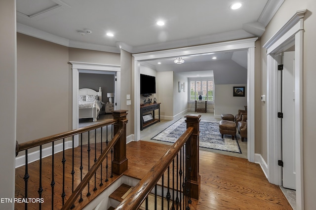 12706 Highwick Cir, Knoxville, TN 37934 - hall featuring recessed lighting, light wood-style flooring, crown molding, and an upstairs landing