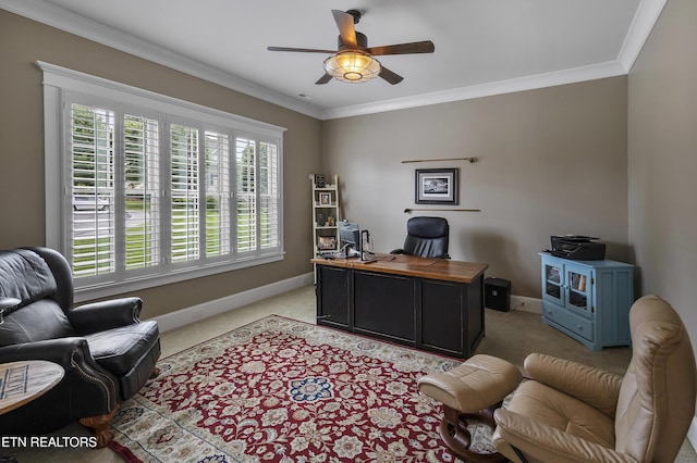 12706 Highwick Cir, Knoxville, TN 37934 - home office featuring a ceiling fan, ornamental molding, and light carpet