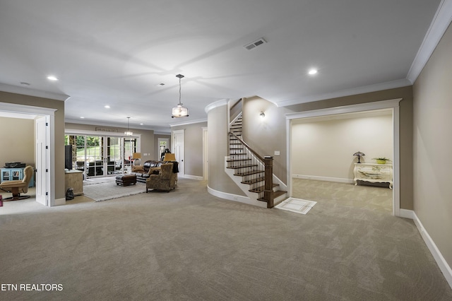 12706 Highwick Cir, Knoxville, TN 37934 - living area featuring ornamental molding, stairway, carpet, and recessed lighting
