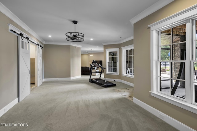 12706 Highwick Cir, Knoxville, TN 37934 - workout area featuring a barn door, light carpet, ornamental molding, recessed lighting, and a chandelier