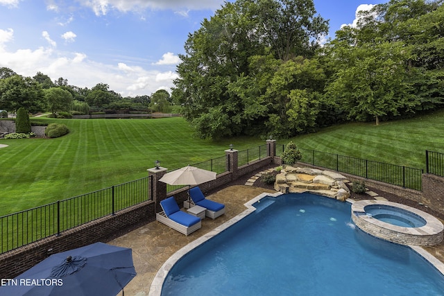 12706 Highwick Cir, Knoxville, TN 37934 - view of swimming pool featuring a fenced backyard, a pool with connected hot tub, view of scattered trees, and a patio area