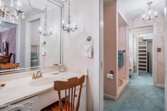 105 N Church St, Sparta, TN 38583 - bathroom featuring a chandelier, crown molding, a spacious closet, vanity, and a shower