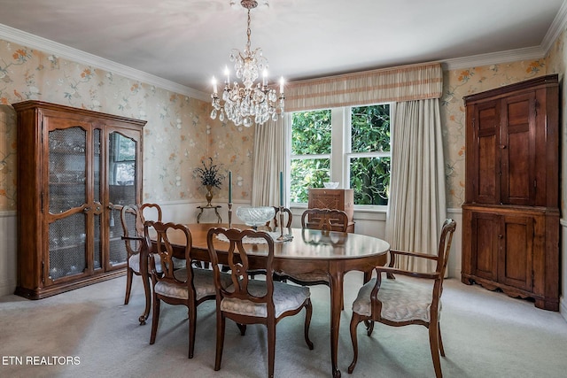 105 N Church St, Sparta, TN 38583 - dining room featuring wallpapered walls, light carpet, wainscoting, a chandelier, and ornamental molding