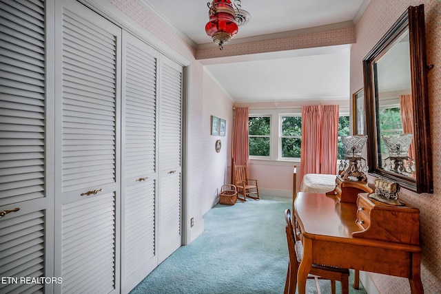 105 N Church St, Sparta, TN 38583 - hallway with wallpapered walls, carpet flooring, and crown molding