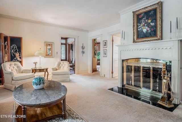 105 N Church St, Sparta, TN 38583 - living room featuring carpet, ornamental molding, and a fireplace with flush hearth