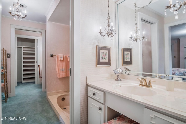 105 N Church St, Sparta, TN 38583 - full bath with a chandelier, crown molding, vanity, a walk in closet, and a tub to relax in