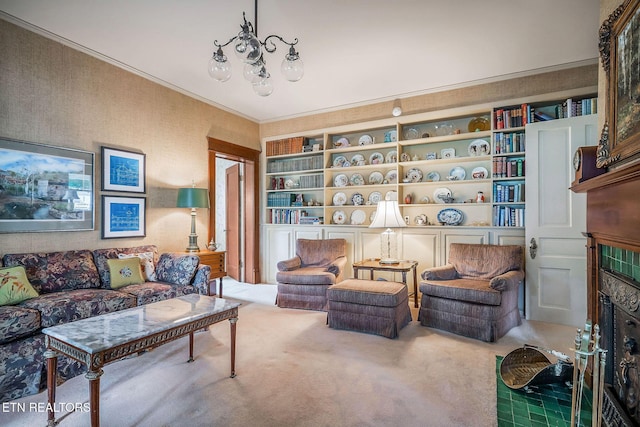 105 N Church St, Sparta, TN 38583 - living room featuring carpet floors, a tiled fireplace, and crown molding