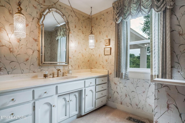 105 N Church St, Sparta, TN 38583 - bathroom with wallpapered walls, vanity, and crown molding