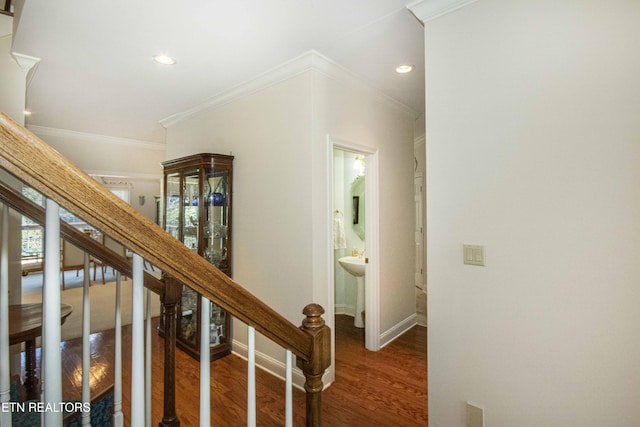 275 Fordham Way, Knoxville, TN 37934 - hallway featuring wood finished floors, ornamental molding, recessed lighting, and stairway