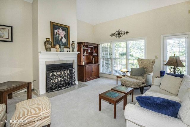 275 Fordham Way, Knoxville, TN 37934 - carpeted living room with a tiled fireplace, healthy amount of natural light, and high vaulted ceiling