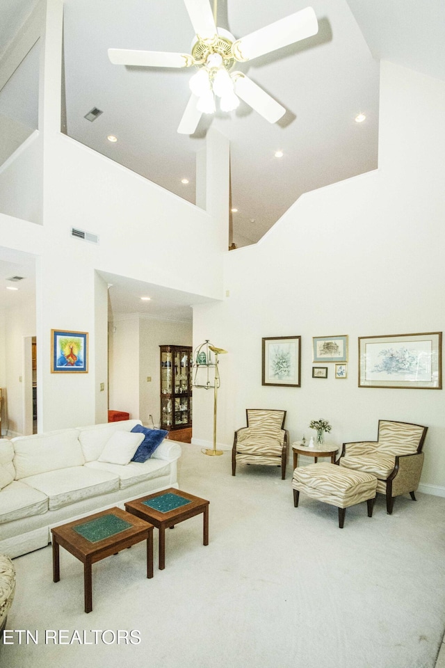 275 Fordham Way, Knoxville, TN 37934 - living area featuring high vaulted ceiling, carpet flooring, recessed lighting, and a ceiling fan