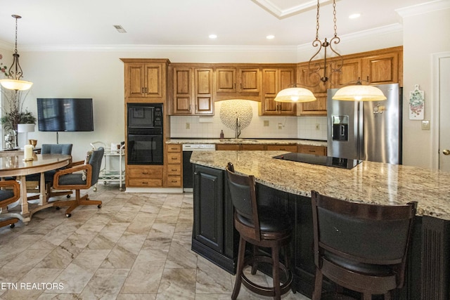 275 Fordham Way, Knoxville, TN 37934 - kitchen with black appliances, light stone countertops, ornamental molding, backsplash, and brown cabinetry