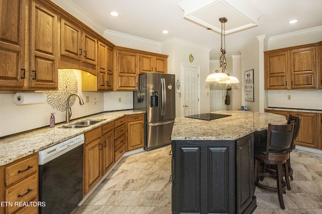 275 Fordham Way, Knoxville, TN 37934 - kitchen with dishwashing machine, stainless steel fridge, black electric cooktop, brown cabinetry, and a center island