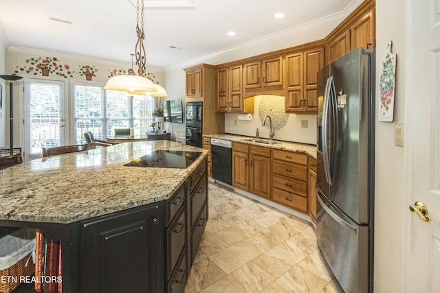 275 Fordham Way, Knoxville, TN 37934 - kitchen featuring black appliances, brown cabinets, backsplash, crown molding, and light stone countertops