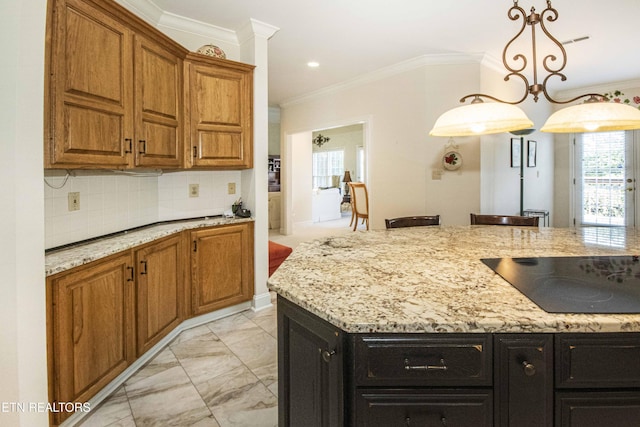 275 Fordham Way, Knoxville, TN 37934 - kitchen with black electric cooktop, light marble finish floors, plenty of natural light, ornamental molding, and light stone countertops
