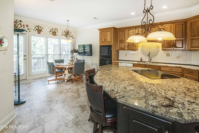 275 Fordham Way, Knoxville, TN 37934 - kitchen featuring black appliances, light marble finish flooring, light stone counters, brown cabinetry, and tasteful backsplash