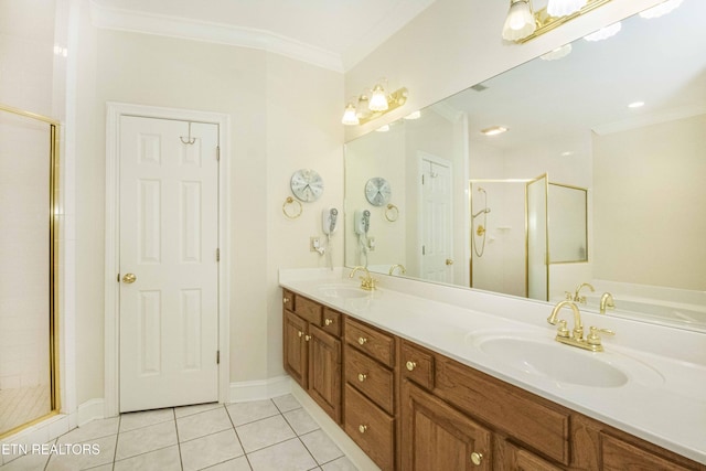 275 Fordham Way, Knoxville, TN 37934 - bathroom with ornamental molding, a shower stall, tile patterned floors, and double vanity