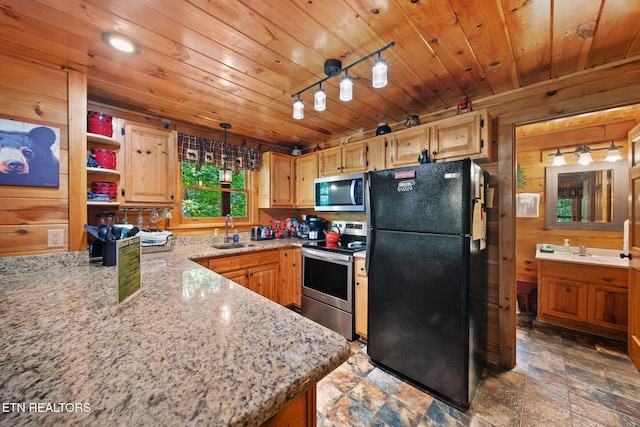 4410 Forest Vista Way, Pigeon Forge, TN 37863 - kitchen with stainless steel appliances, light stone countertops, wooden ceiling, open shelves, and rail lighting