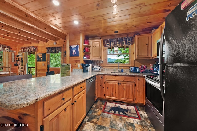 4410 Forest Vista Way, Pigeon Forge, TN 37863 - kitchen featuring stainless steel appliances, a peninsula, wood ceiling, dark stone finish flooring, and light stone countertops