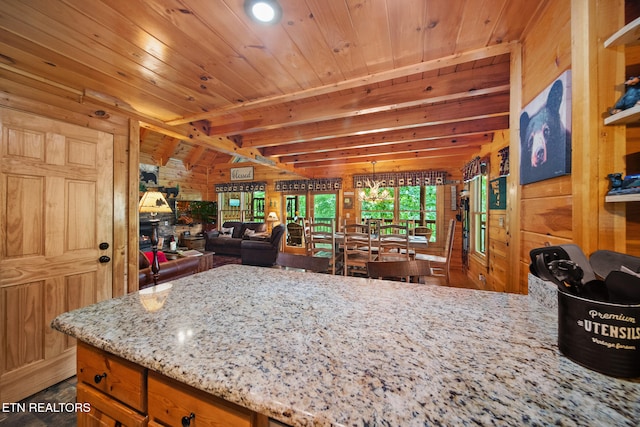 4410 Forest Vista Way, Pigeon Forge, TN 37863 - kitchen with wooden ceiling, wood walls, light stone countertops, and open floor plan