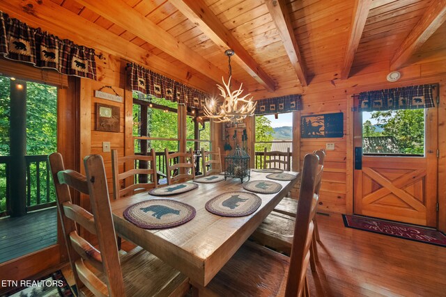 4410 Forest Vista Way, Pigeon Forge, TN 37863 - dining area with a chandelier, wood walls, a wooden ceiling with exposed beams, and wood finished floors