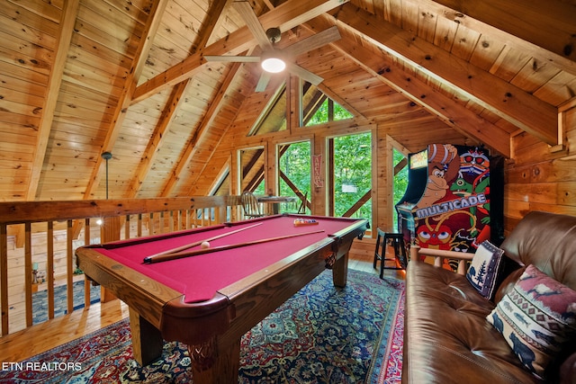 4410 Forest Vista Way, Pigeon Forge, TN 37863 - game room featuring wood ceiling, hardwood / wood-style floors, billiards table, ceiling fan, and wood walls