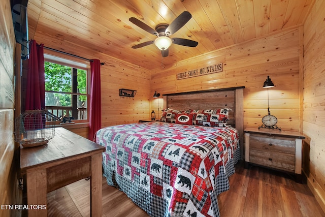 4410 Forest Vista Way, Pigeon Forge, TN 37863 - bedroom featuring wood finished floors, wooden ceiling, wood walls, and ceiling fan