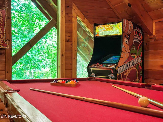 4410 Forest Vista Way, Pigeon Forge, TN 37863 - recreation room with billiards table, lofted ceiling, healthy amount of natural light, wood ceiling, and wood walls