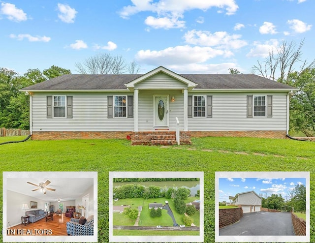 454 Boyd St, Celina, TN 38551 - ranch-style home featuring a front lawn, ceiling fan, and roof with shingles