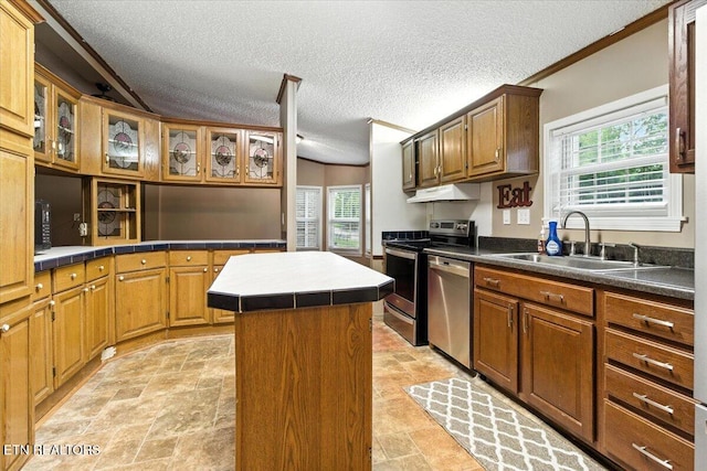2953 US Highway 119, Pineville, KY 40977 - kitchen featuring stainless steel appliances, under cabinet range hood, healthy amount of natural light, stone finish flooring, and ornamental molding