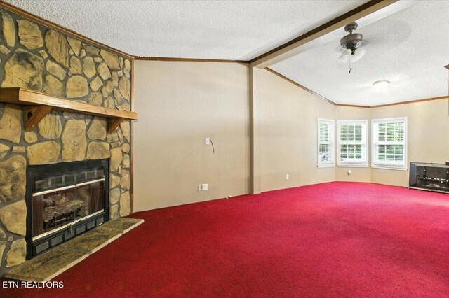 2953 US Highway 119, Pineville, KY 40977 - unfurnished living room featuring crown molding, carpet flooring, a textured ceiling, a fireplace, and a ceiling fan