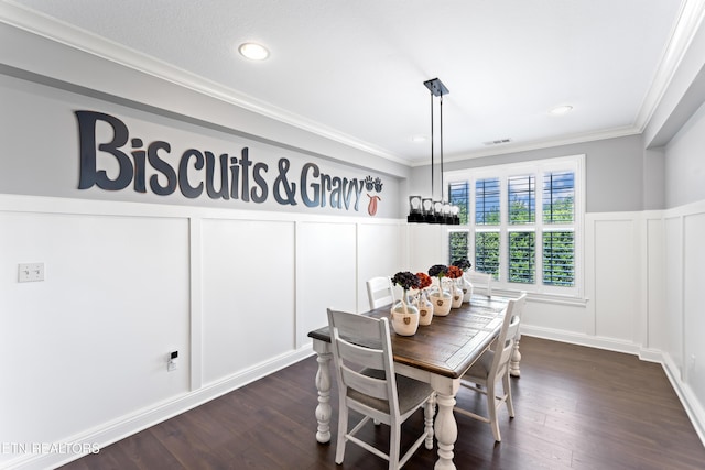 1273 Bishops View Ln, Knoxville, TN 37932 - dining room with a decorative wall, ornamental molding, wainscoting, dark wood finished floors, and recessed lighting