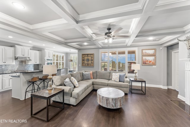1273 Bishops View Ln, Knoxville, TN 37932 - living area featuring a ceiling fan, dark wood-style floors, coffered ceiling, beamed ceiling, and recessed lighting