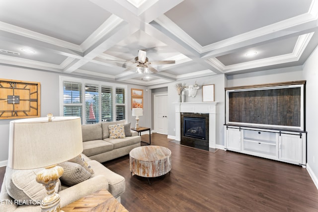 1273 Bishops View Ln, Knoxville, TN 37932 - living room with wood finished floors, a high end fireplace, beamed ceiling, coffered ceiling, and ceiling fan