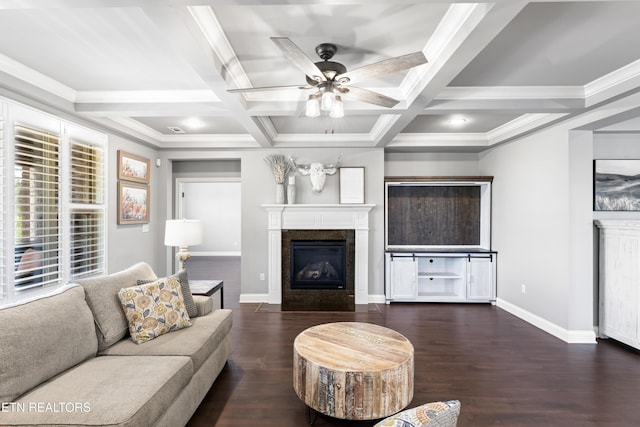1273 Bishops View Ln, Knoxville, TN 37932 - living room with a glass covered fireplace, wood finished floors, a ceiling fan, beam ceiling, and crown molding