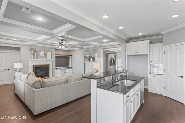 1273 Bishops View Ln, Knoxville, TN 37932 - kitchen featuring dark stone counters, a ceiling fan, a glass covered fireplace, ornamental molding, and dark wood-style floors