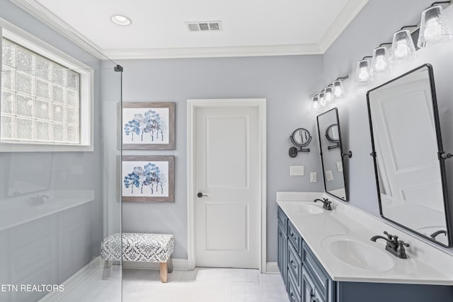 1273 Bishops View Ln, Knoxville, TN 37932 - full bathroom with double vanity, tile patterned floors, ornamental molding, a tub, and recessed lighting