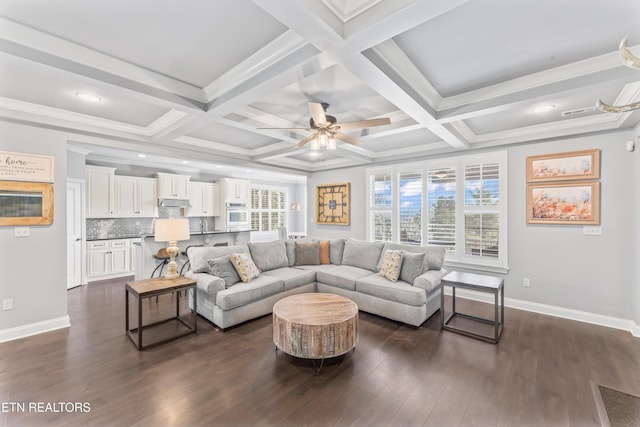 1273 Bishops View Ln, Knoxville, TN 37932 - living room with plenty of natural light, ceiling fan, dark wood-style floors, beamed ceiling, and coffered ceiling