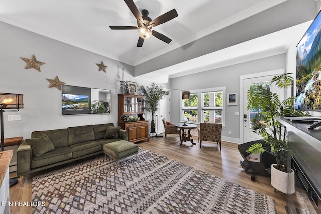 2570 NE Spring Creek Dr, Cleveland, TN 37311 - living area featuring a ceiling fan, wood finished floors, ornamental molding, and a chandelier