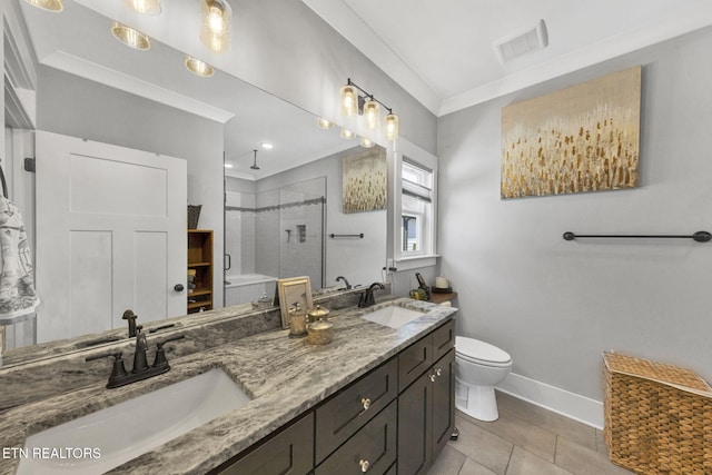2570 NE Spring Creek Dr, Cleveland, TN 37311 - full bathroom with double vanity, a shower stall, tile patterned floors, and crown molding