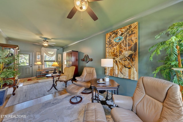 2570 NE Spring Creek Dr, Cleveland, TN 37311 - living area with ceiling fan, ornamental molding, and wood finished floors