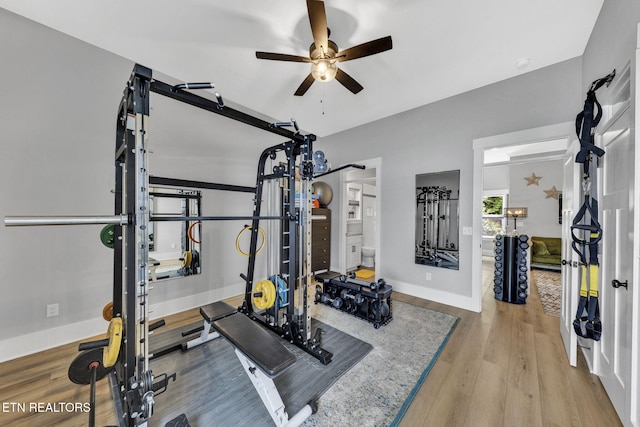2570 NE Spring Creek Dr, Cleveland, TN 37311 - workout area featuring ceiling fan and wood finished floors