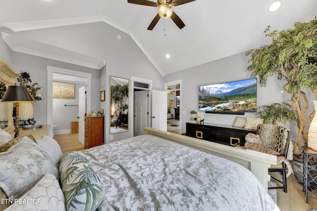 2570 NE Spring Creek Dr, Cleveland, TN 37311 - bedroom featuring recessed lighting, high vaulted ceiling, a ceiling fan, ensuite bathroom, and parquet floors