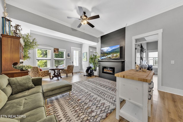 2570 NE Spring Creek Dr, Cleveland, TN 37311 - living area with ceiling fan, light wood-type flooring, a glass covered fireplace, and ornamental molding